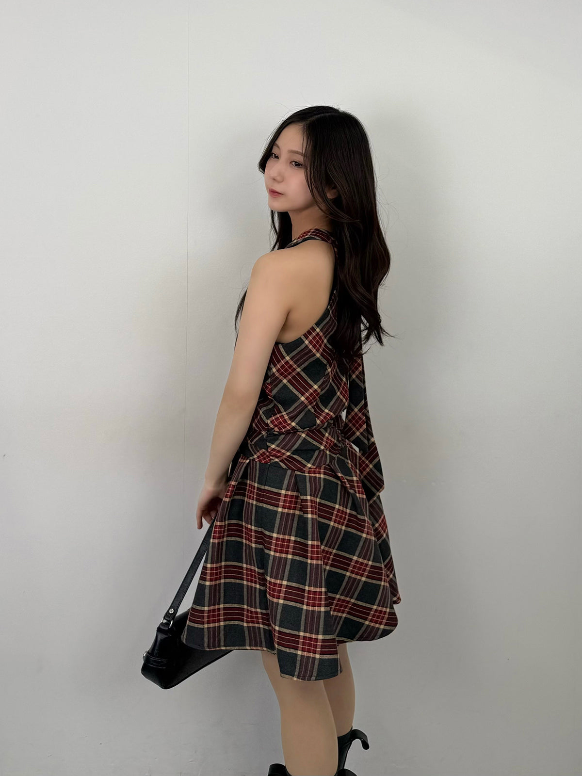 Back Ribbon Check Mini Dress
