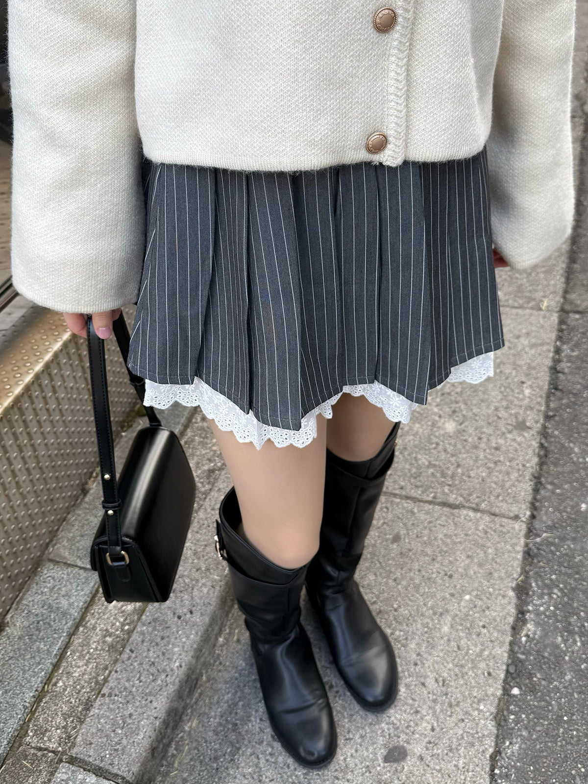 蕾絲分層條紋迷你裙
