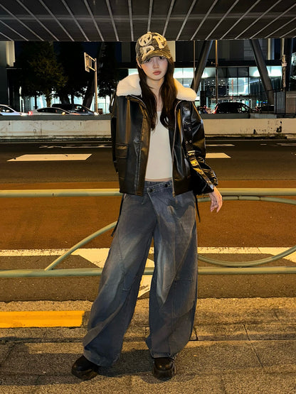 ファーライクカラーレザータッチジャケット