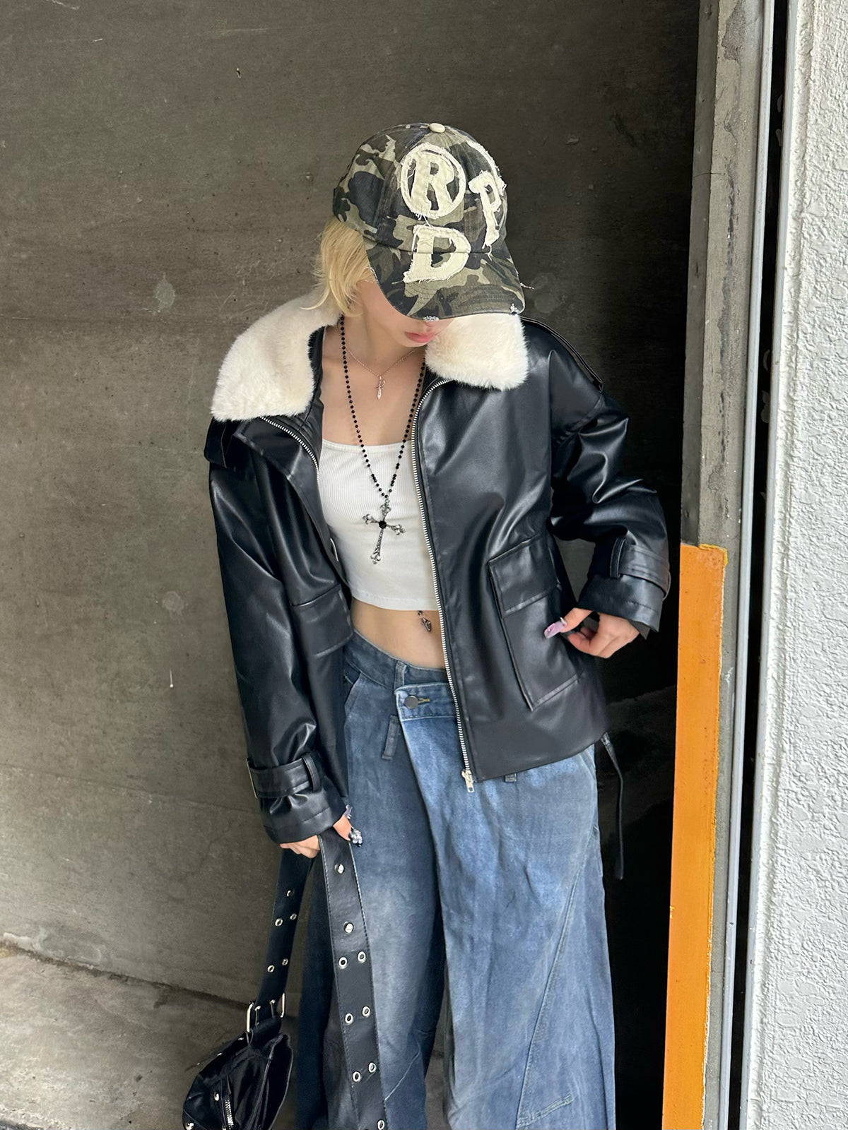 ファーライクカラーレザータッチジャケット