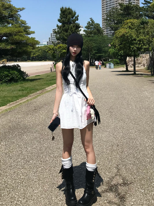 レースアップフレアミニワンピース