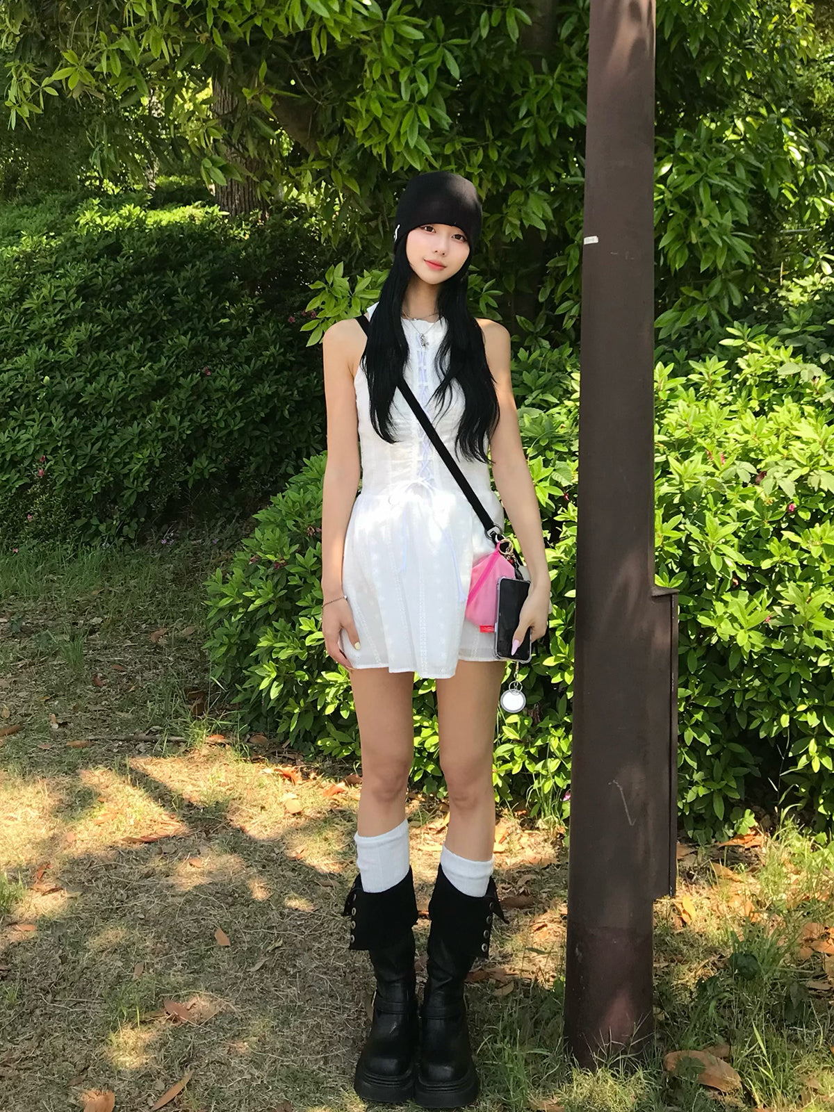 レースアップフレアミニワンピース
