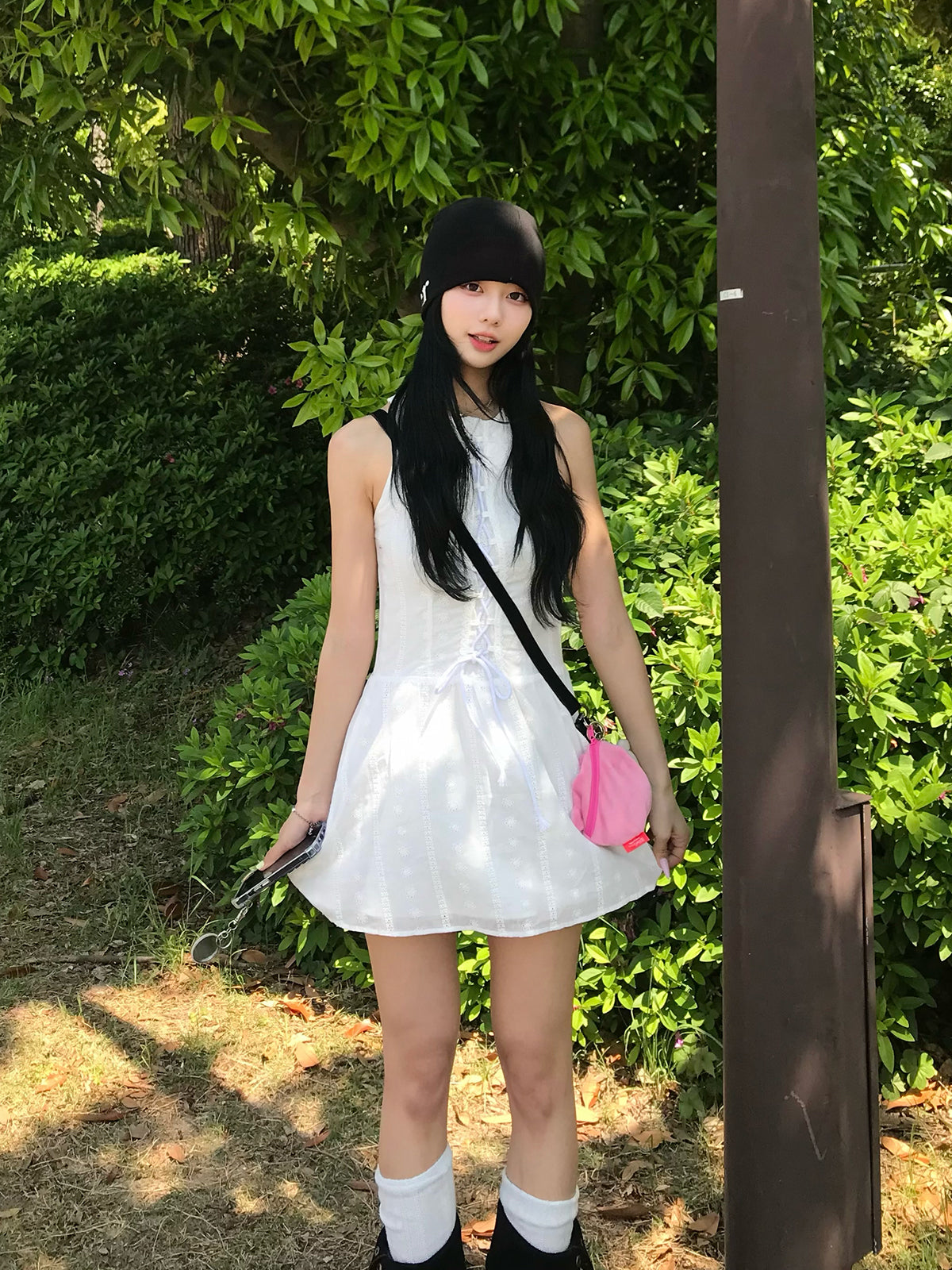レースアップフレアミニワンピース
