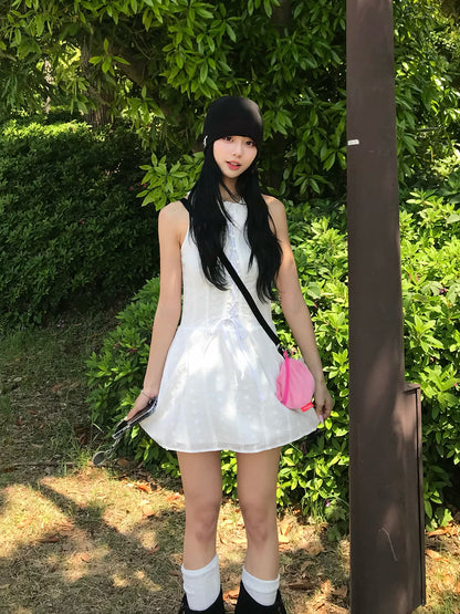 レースアップフレアミニワンピース