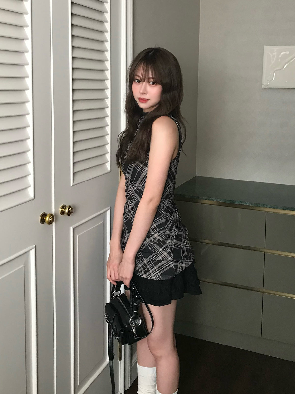 無袖格紋緊身迷你連衣裙