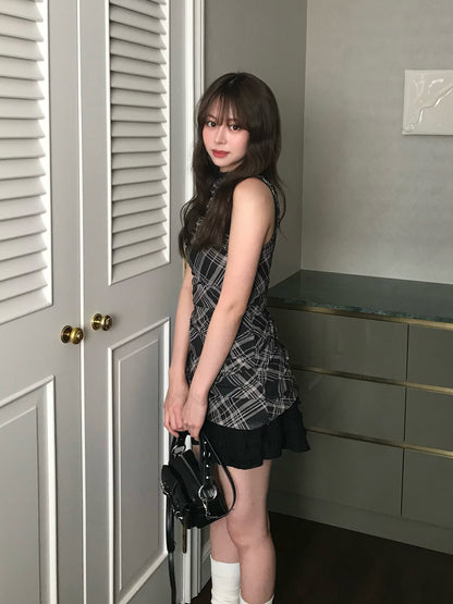 無袖格紋緊身迷你連衣裙