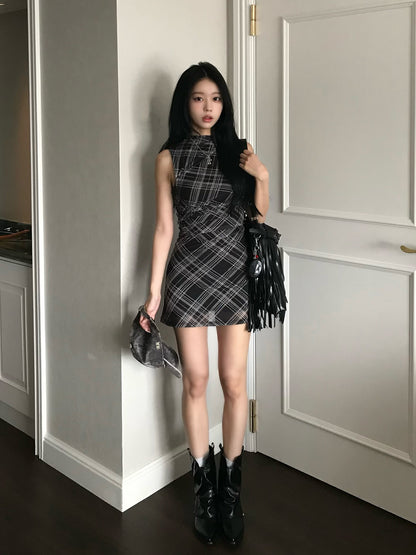 無袖格紋緊身迷你連衣裙