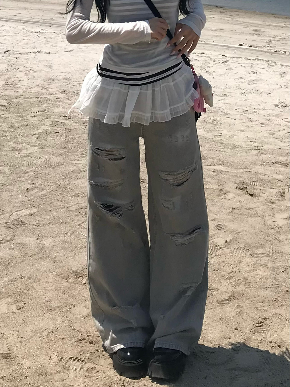 フリルセットブラックダメージデニムパンツ