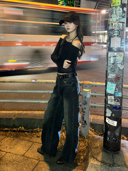 高腰洗水牛仔褲