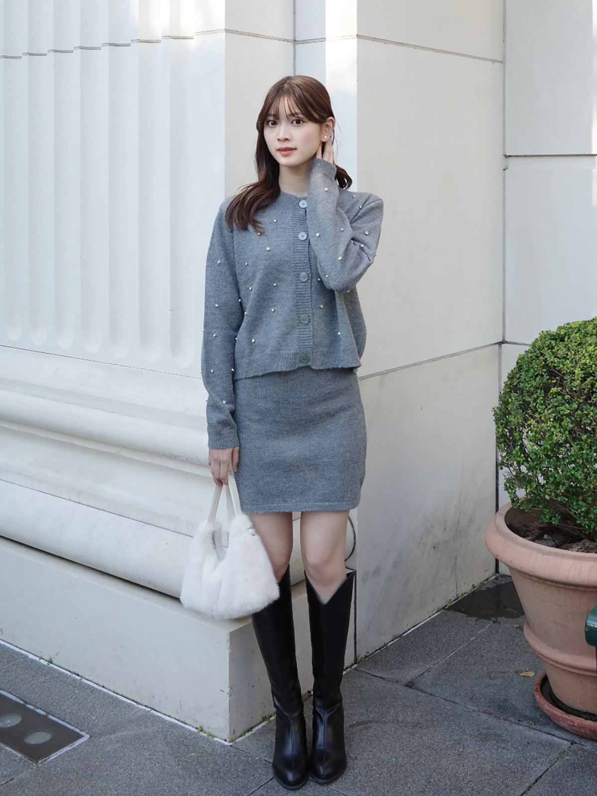 ラインストーンカーディガンニットセットアップ
