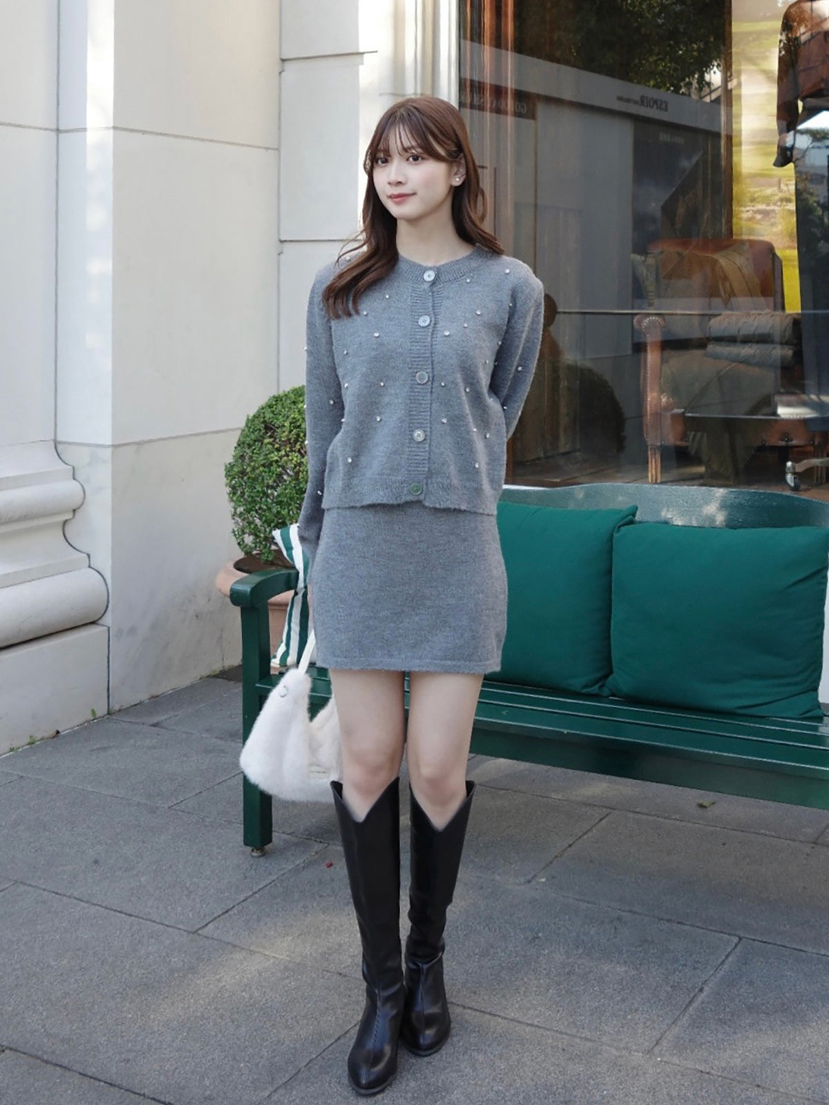 ラインストーンカーディガンニットセットアップ