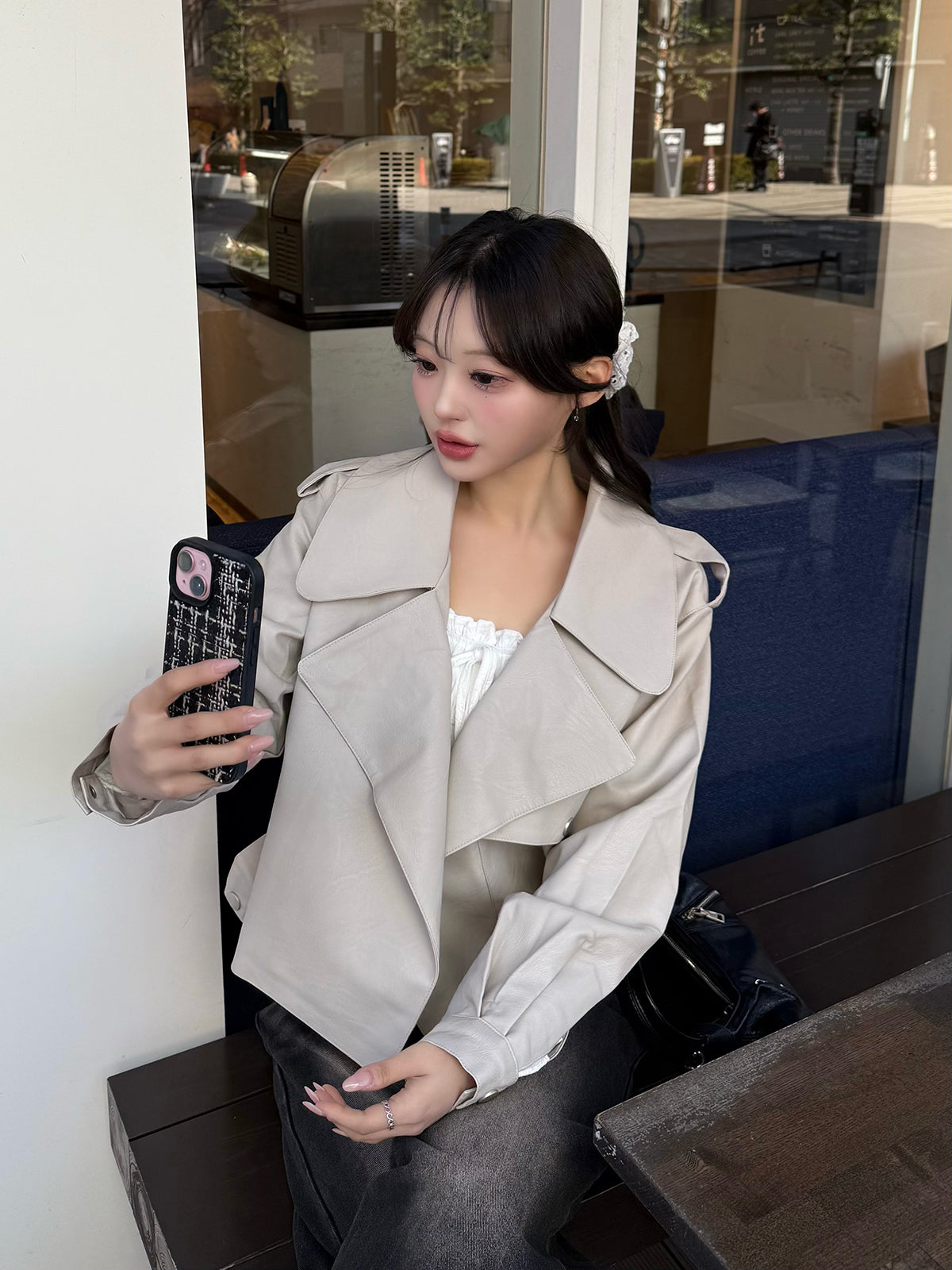 皮革触感大翻领夹克