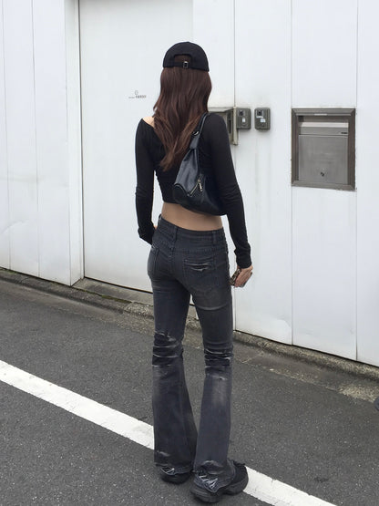 セミフレアウォッシングデニムパンツ
