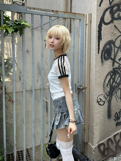 ラインスリーブレースTシャツ