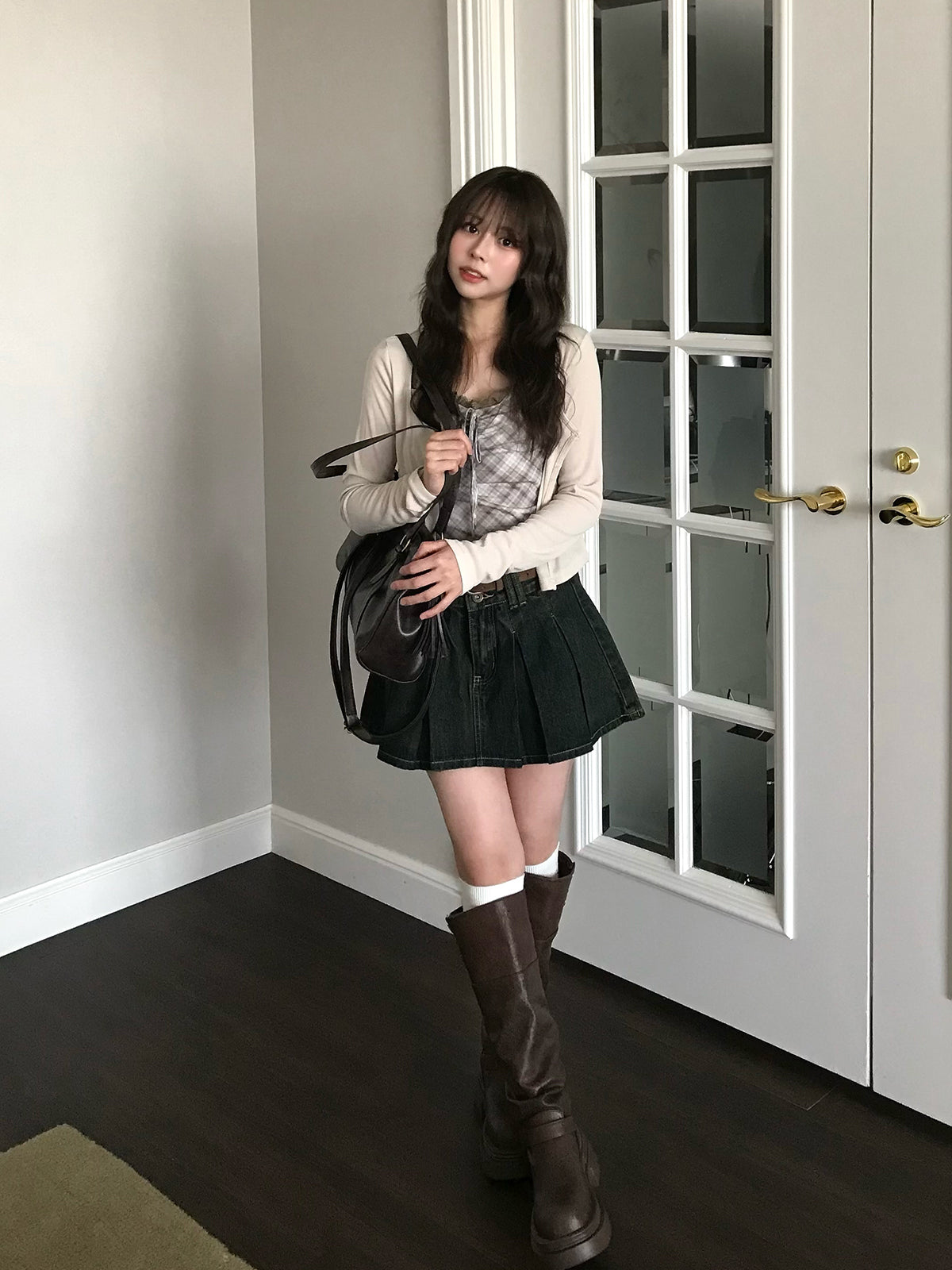 ベルトセットプリーツデニムミニスカート
