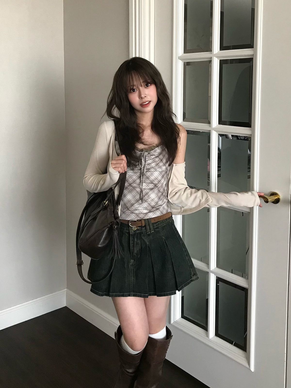 ベルトセットプリーツデニムミニスカート