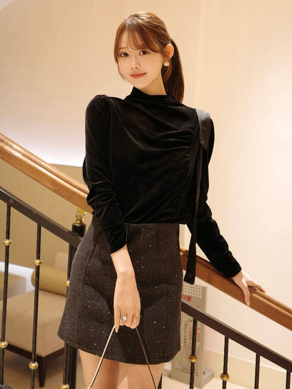 ショルダータイハイネックベロアカットソー