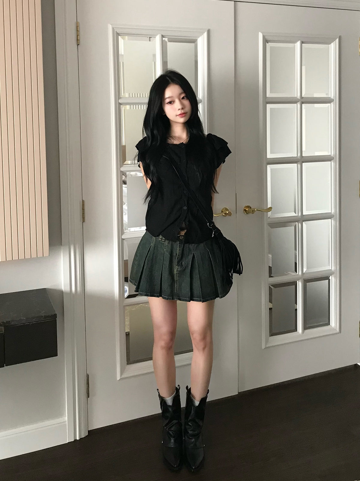 ベルトセットプリーツデニムミニスカート