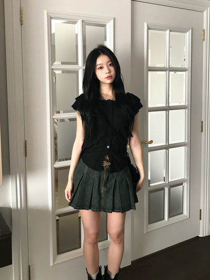 ベルトセットプリーツデニムミニスカート