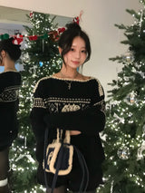 ノルディックデザインボートネックニット - ブラック