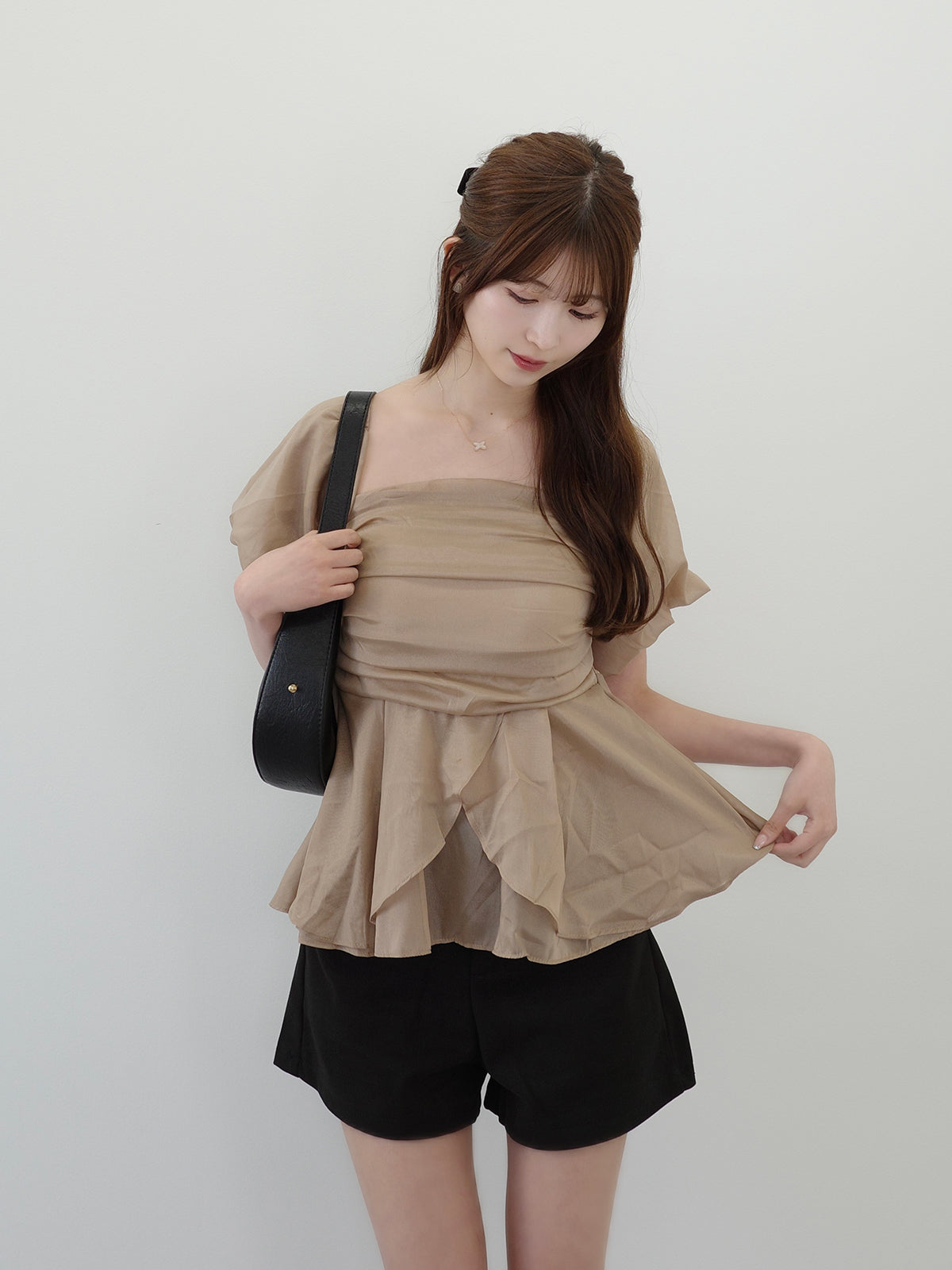 シフォンオフショルパフブラウス