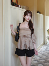 シフォンオフショルパフブラウス - ブラウン