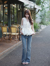Fringe Slim Semi-Flare Denim Pants - Blue