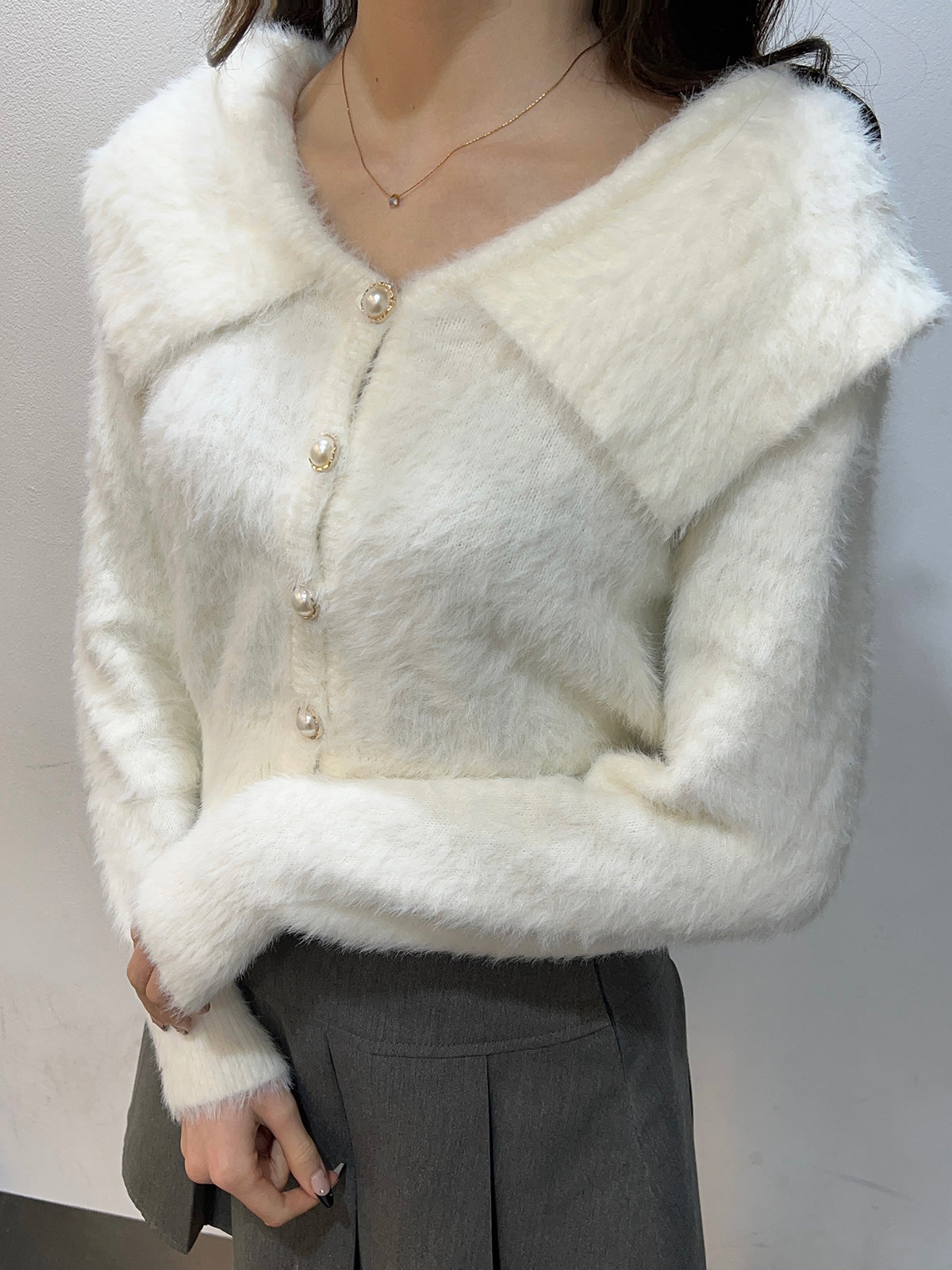 Sailor collar shaggy knit cardigan