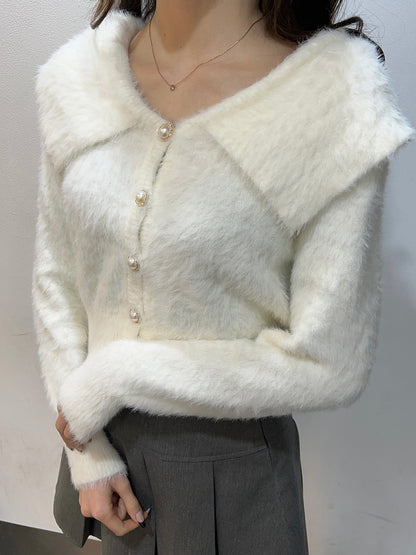 Sailor collar shaggy knit cardigan