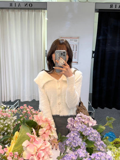 Sailor collar shaggy knit cardigan