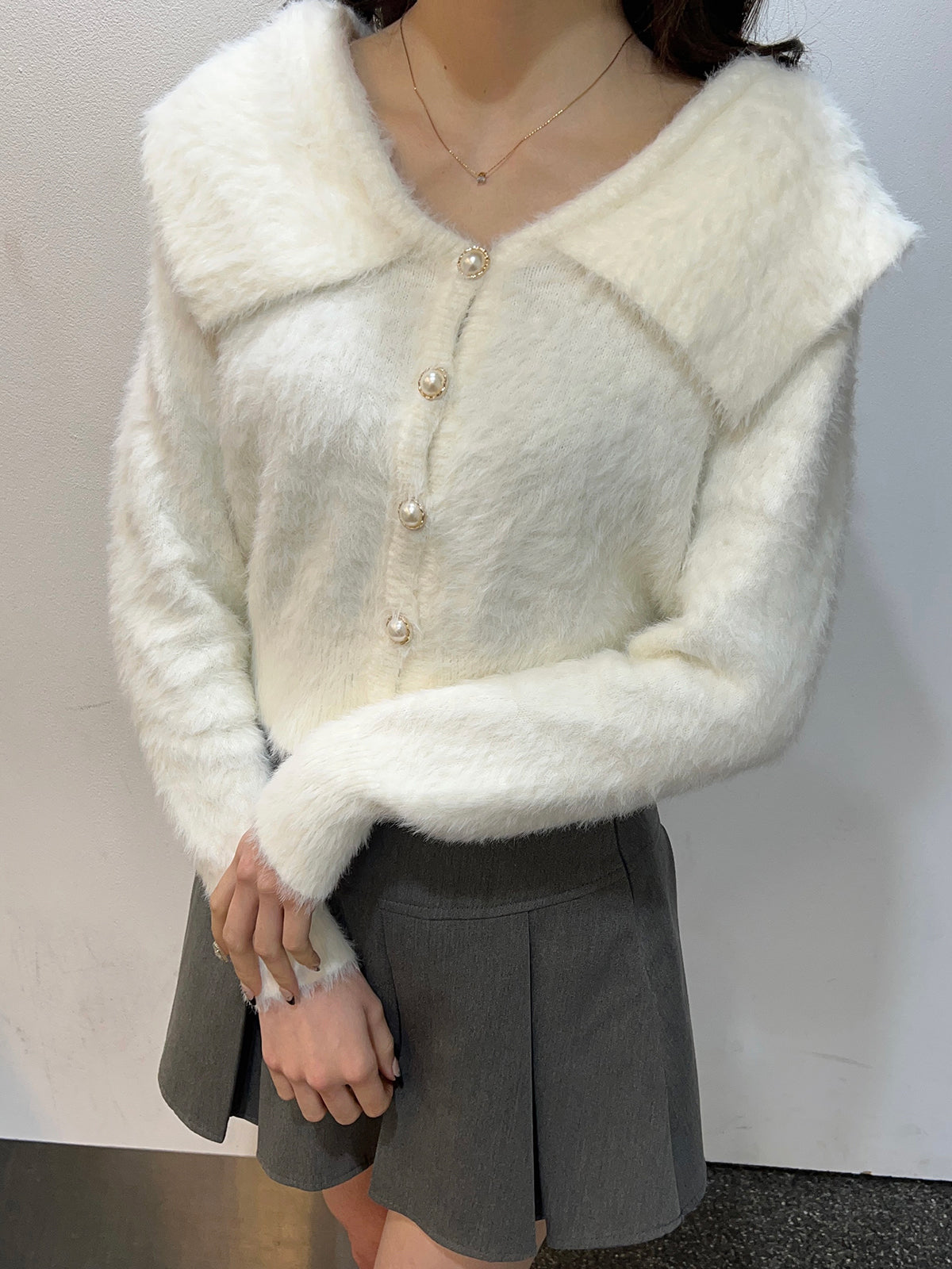 Sailor collar shaggy knit cardigan