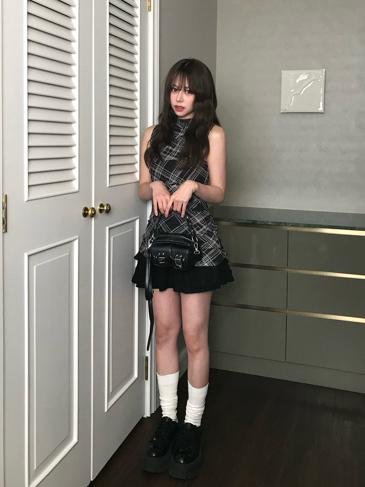 無袖格紋緊身迷你連衣裙