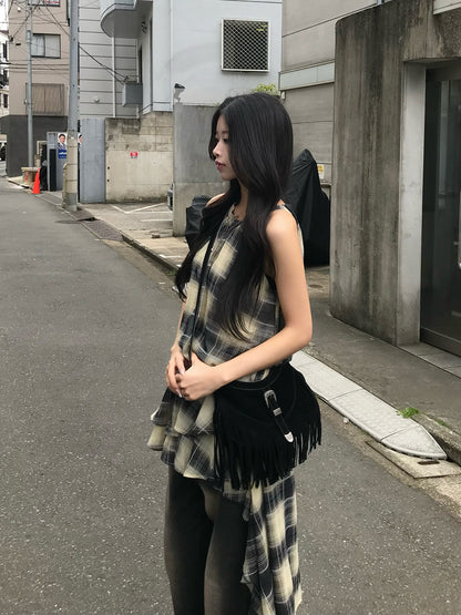 ホルターチェックテールカットワンピース