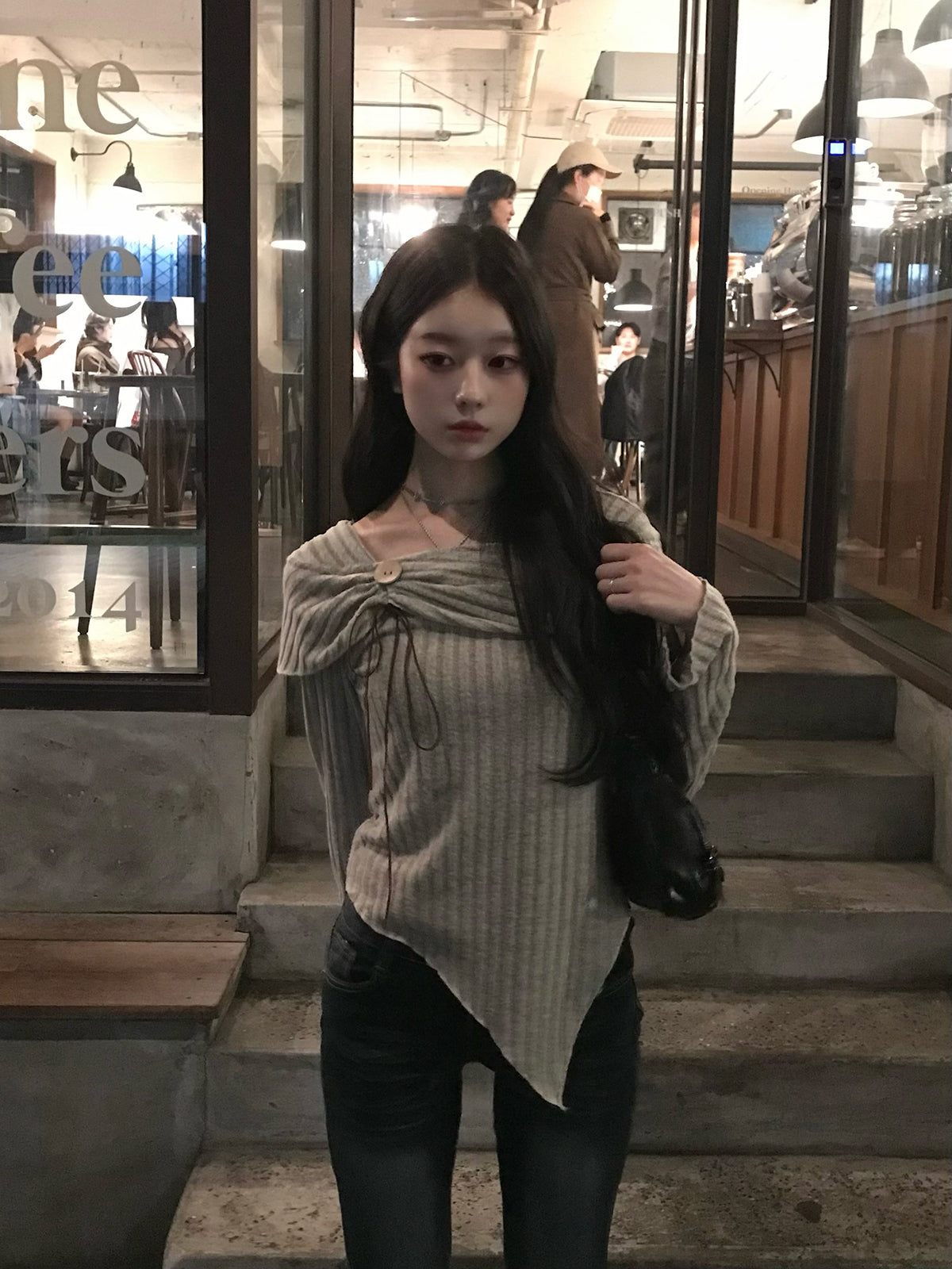 リボンギャザーボタンリブカットソー