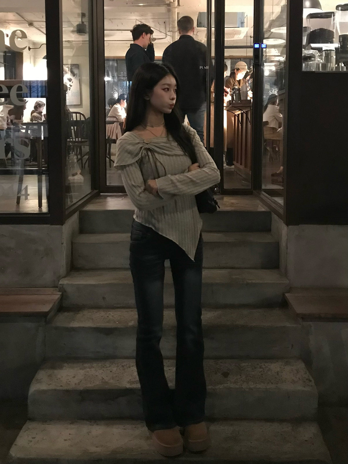 リボンギャザーボタンリブカットソー