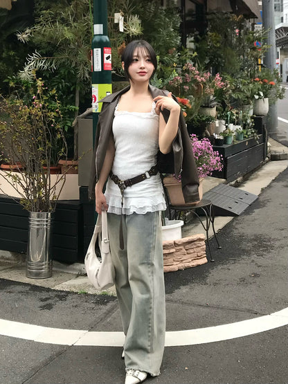 聚攏蕾絲荷葉邊上衣