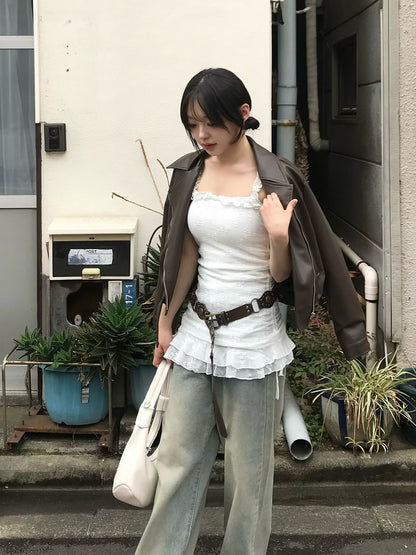 聚攏蕾絲荷葉邊上衣