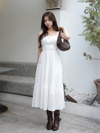 シャーリングティアードロングワンピース