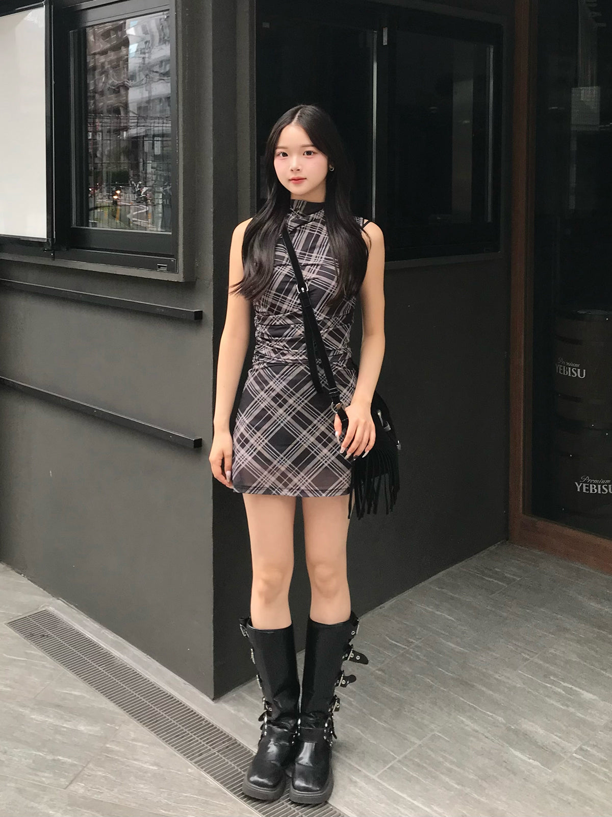 無袖格紋緊身迷你連衣裙
