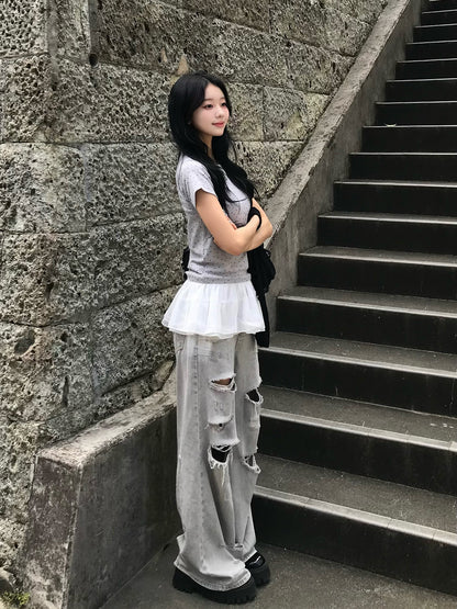フリルセットブラックダメージデニムパンツ