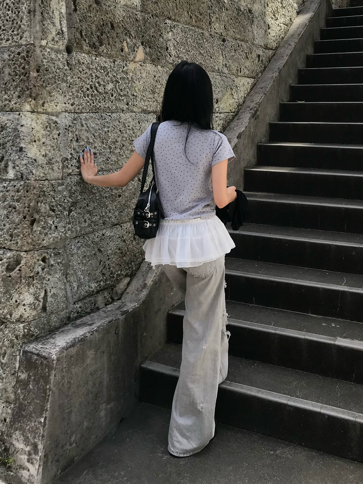 フリルセットブラックダメージデニムパンツ