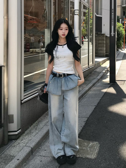 百褶裙層次牛仔褲