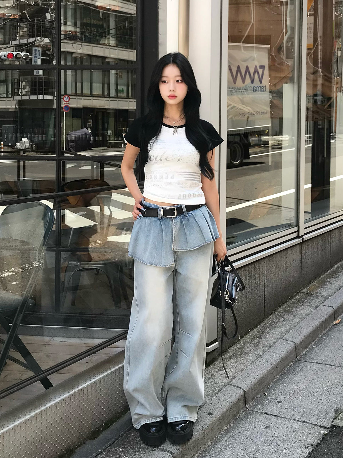 Pleated Skirt Layered Denim Pants