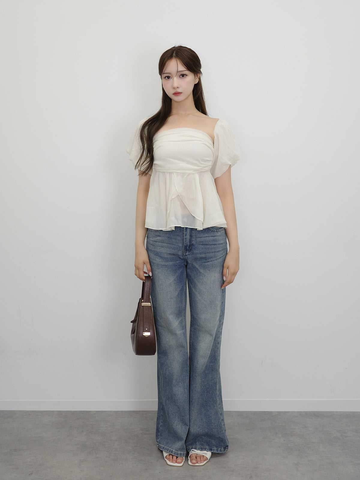 シフォンオフショルパフブラウス