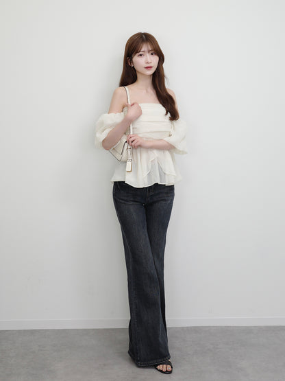 シフォンオフショルパフブラウス
