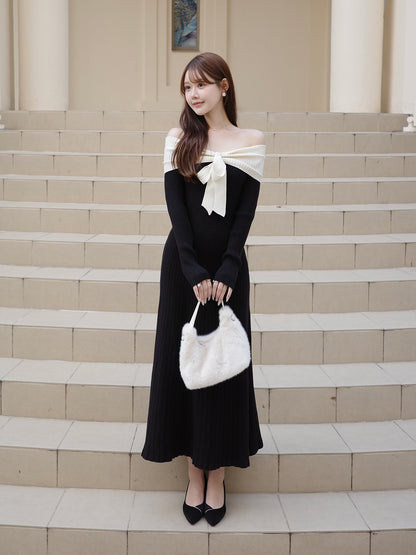 リボンオフショルリブニットワンピース