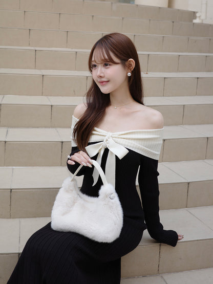 リボンオフショルリブニットワンピース