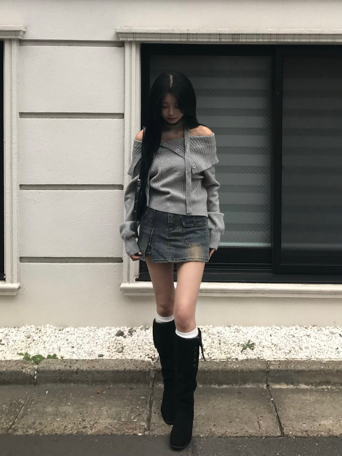 Zipper Wash Denim Mini Skirt