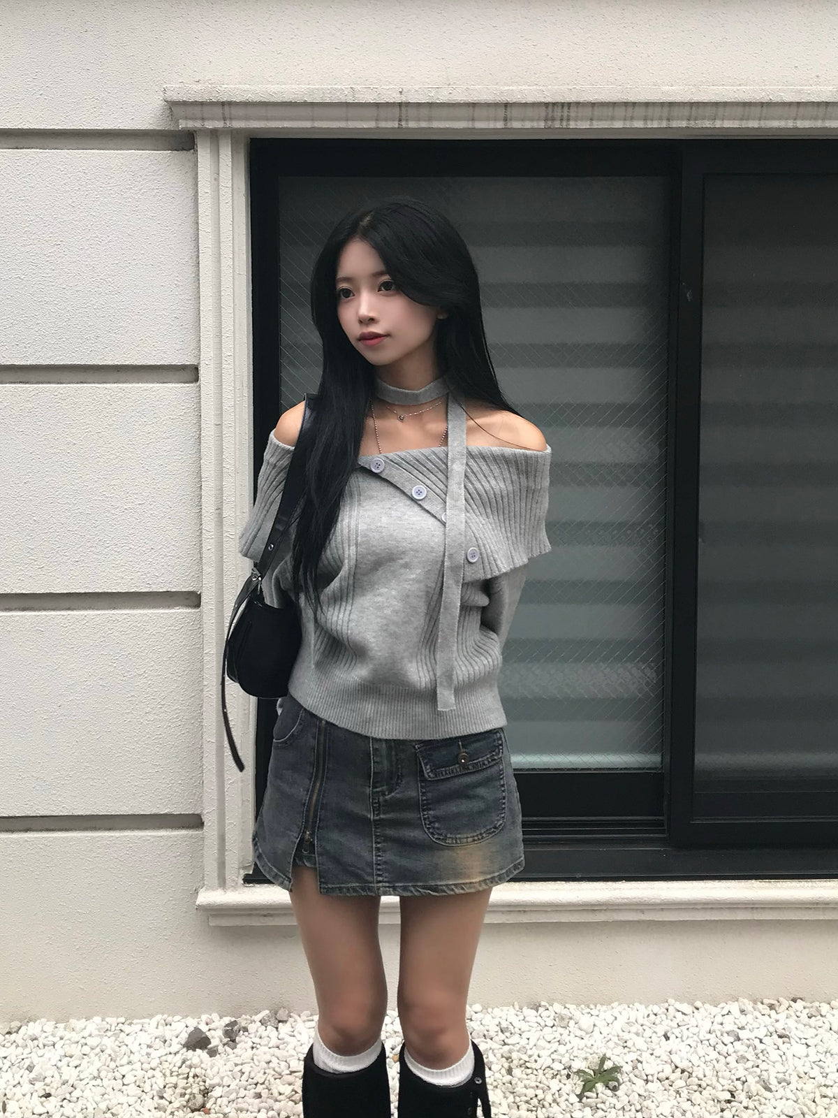 Zipper Wash Denim Mini Skirt