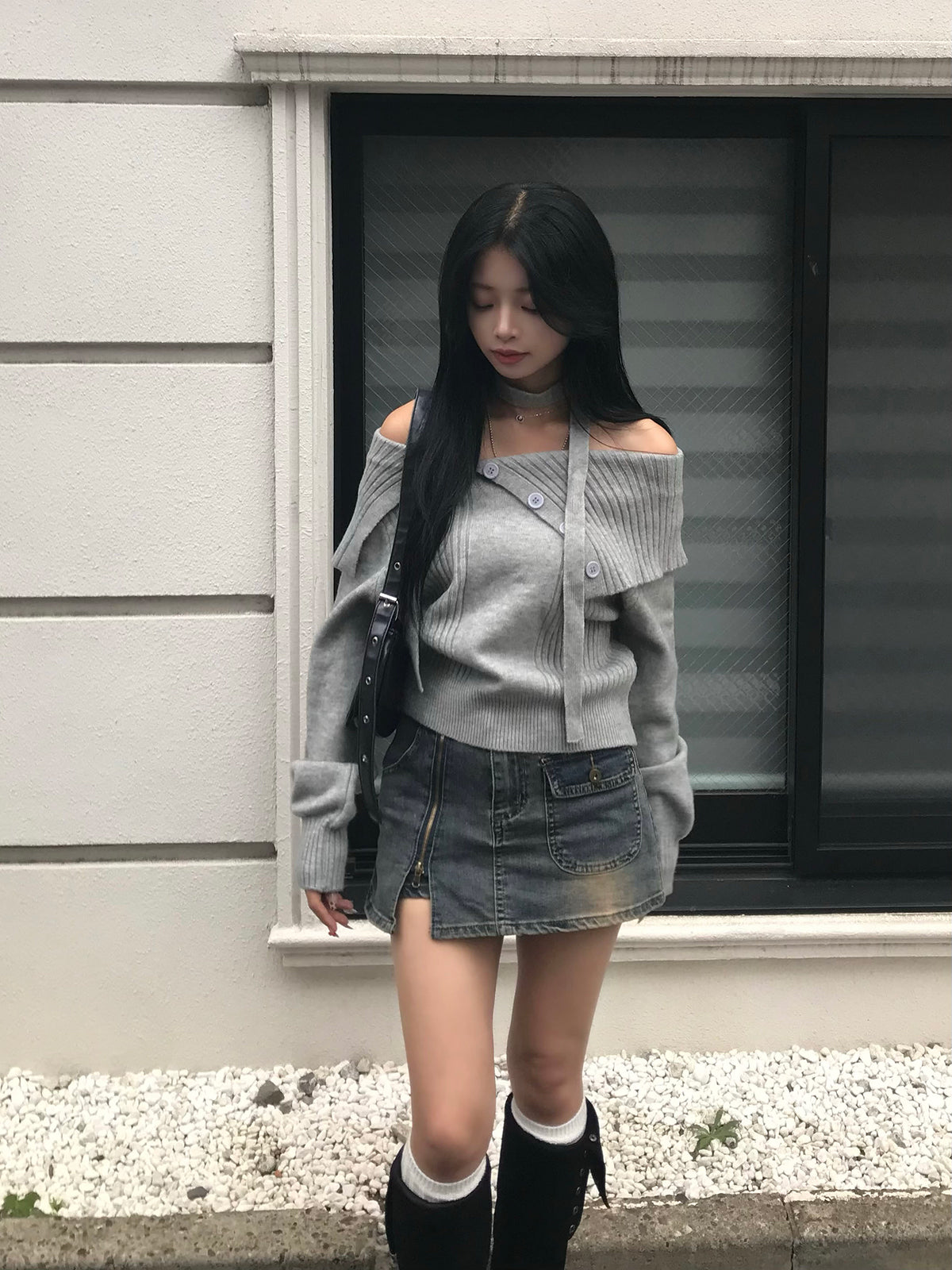 Zipper Wash Denim Mini Skirt